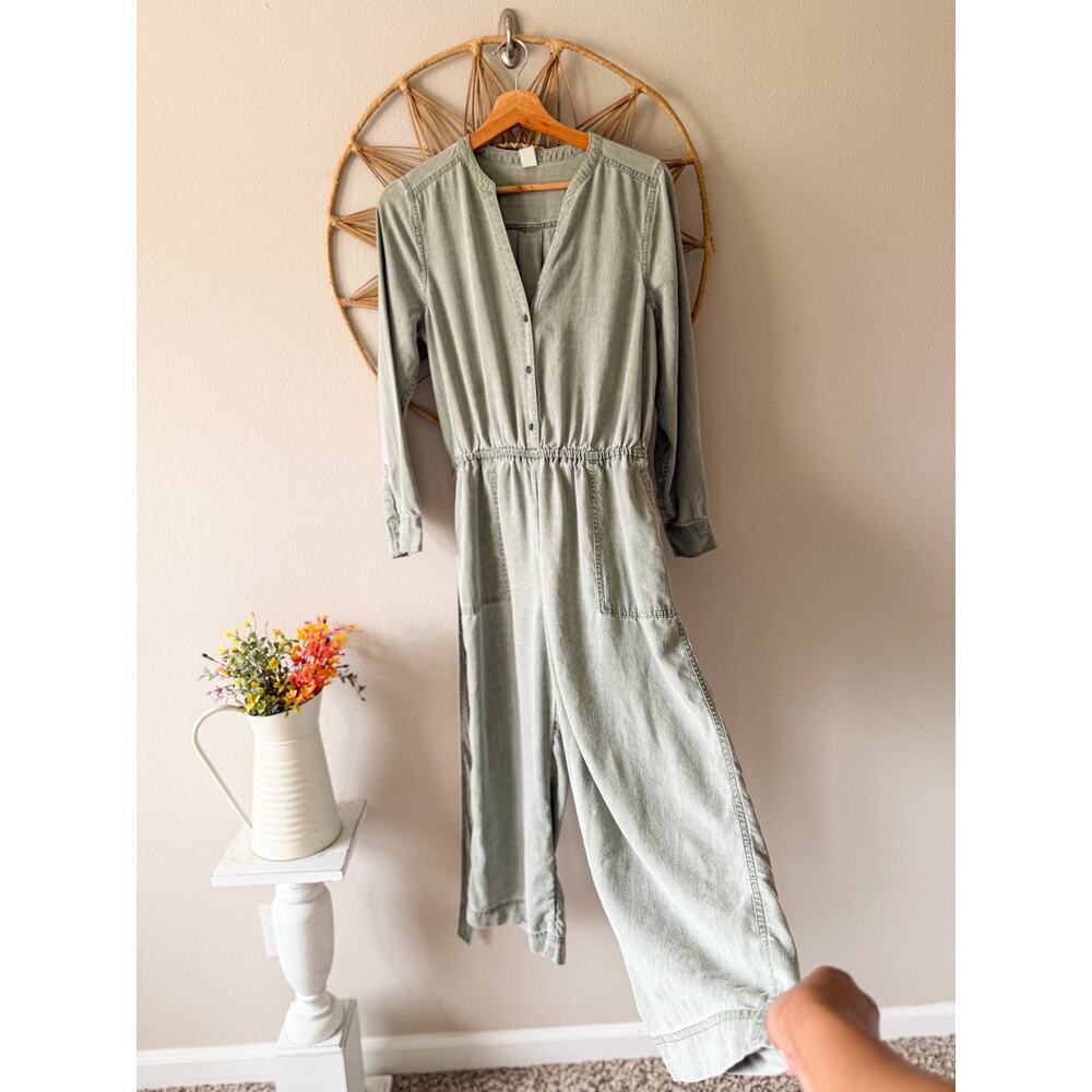 Old Navy Green Long Sleeve Wide Leg Cropped Utility Jumpsuit Belt Pockets SMALL